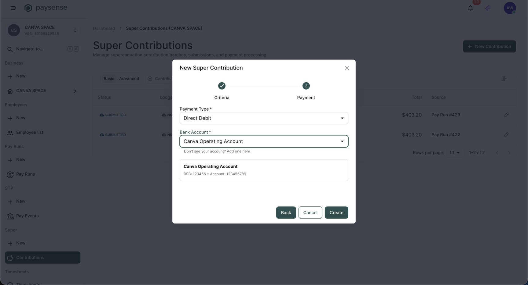 New Super Contribution wizard on the Payment step with Direct Debit selected, Canva Operating Account chosen, and the account summary card showing