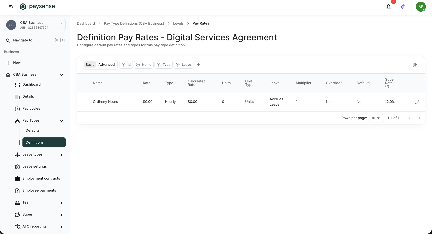 Definition Pay Rates screen showing Ordinary Hours at zero