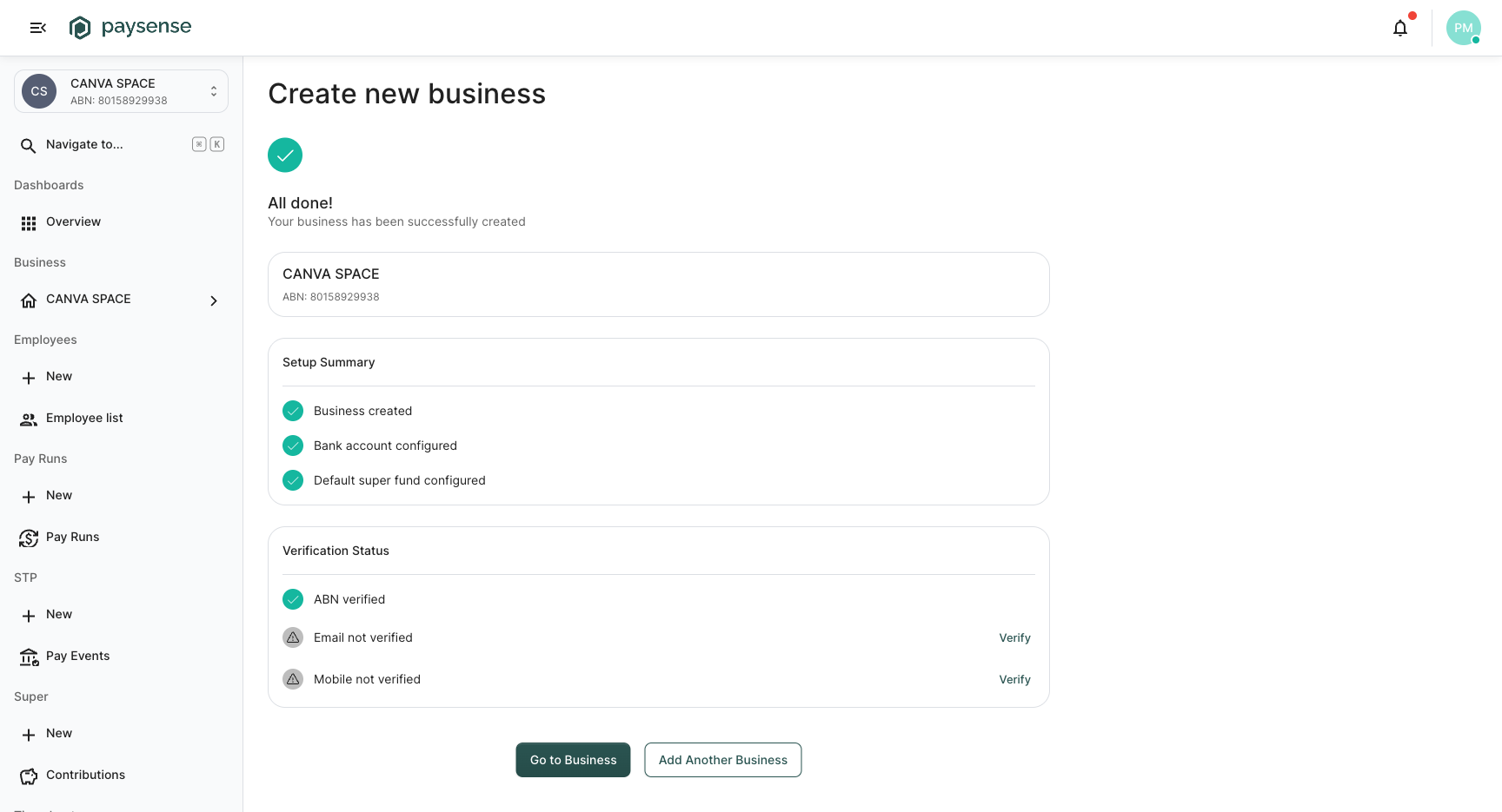 Completion screen showing setup summary and verification status