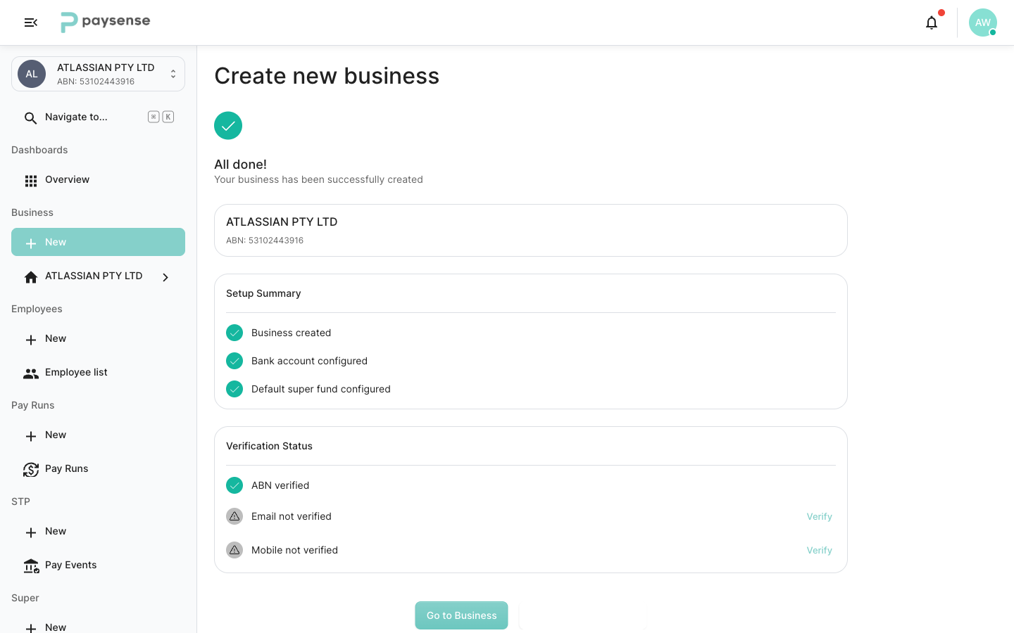 Completion screen showing setup summary and verification status
