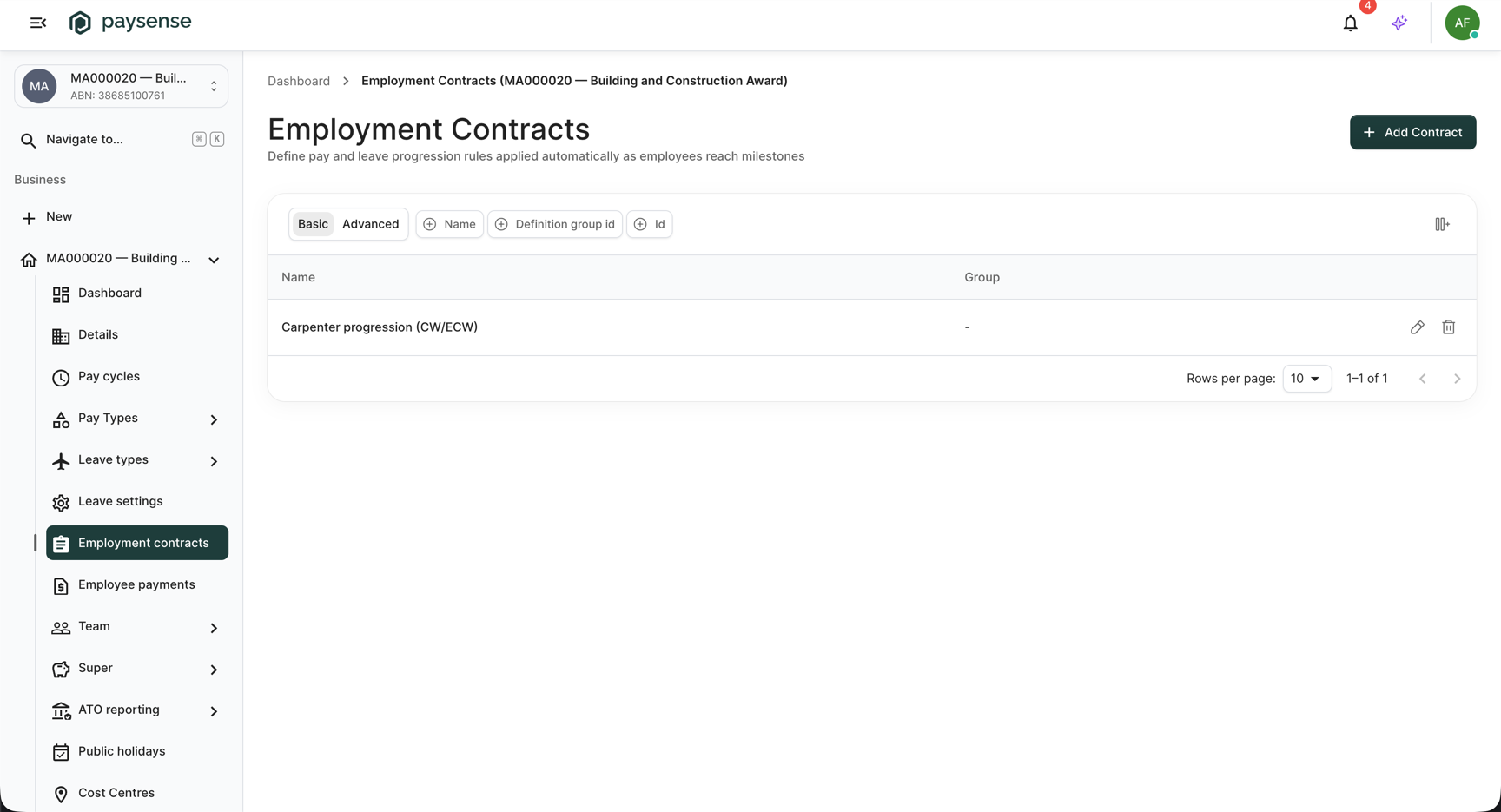 Employment Contracts list showing the new Carpenter progression contract