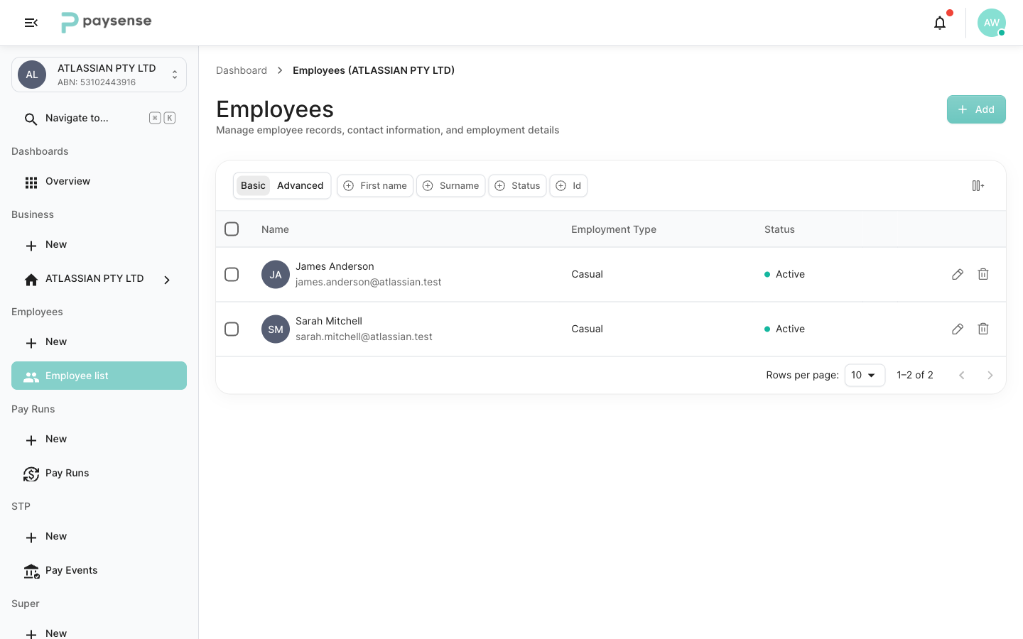 Employees list now showing James Anderson as Active and Casual