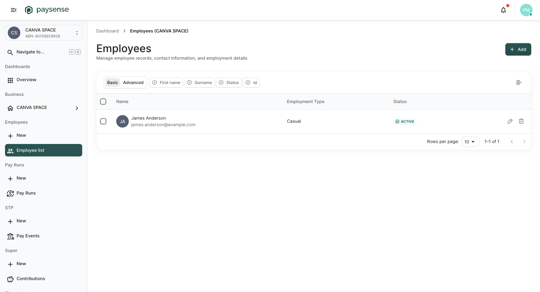 Employees list now showing James Anderson as Active and Casual