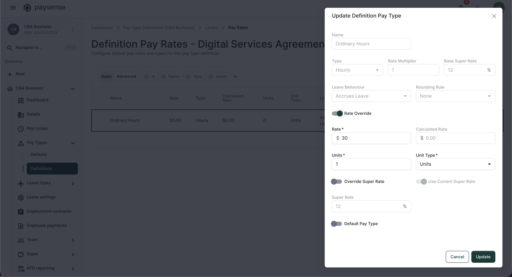 Update Definition Pay Type panel with a $30 rate override