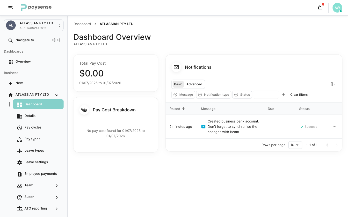 Business dashboard for the newly created business
