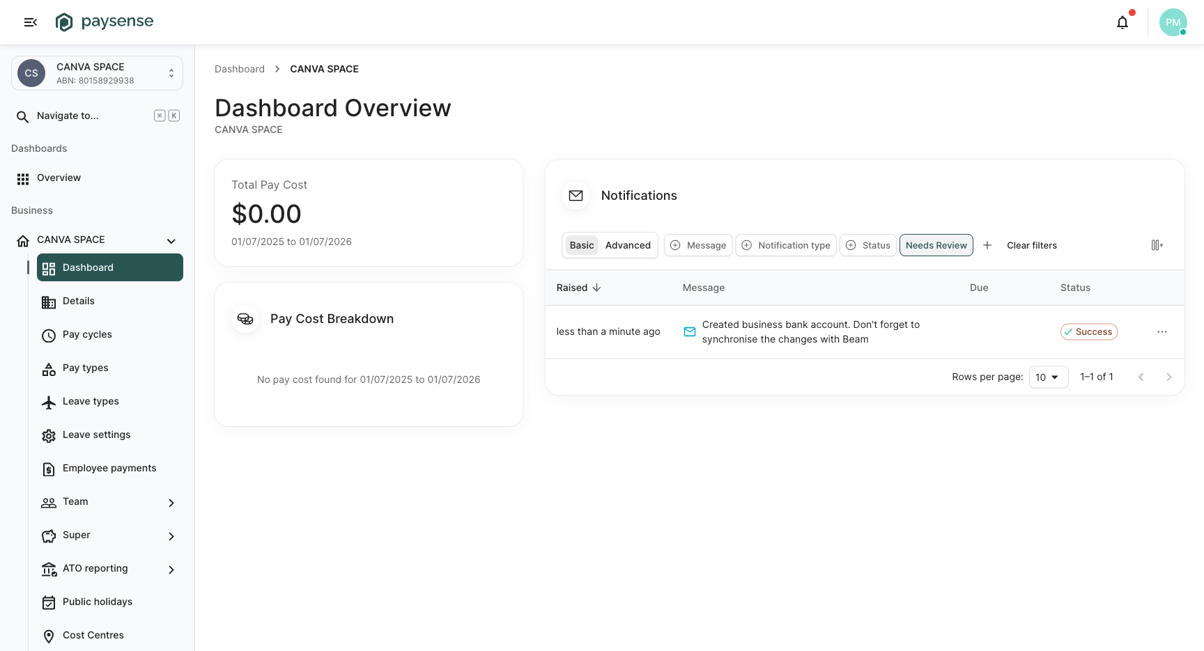 Business dashboard for the newly created business