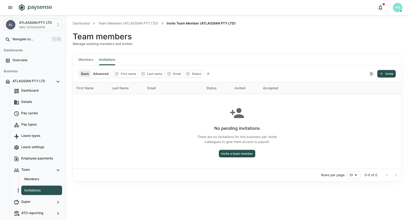 Invitations tab with empty pending list and an Invite a team member button