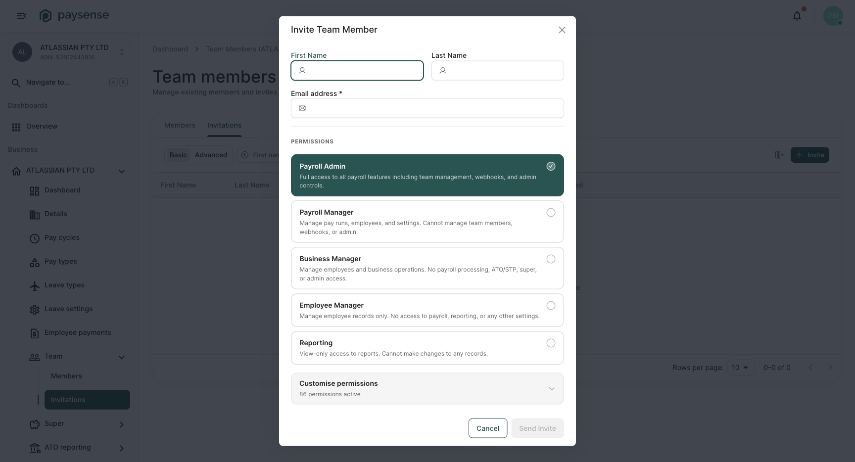 Invite Team Member dialog with empty name, email, and the default Payroll Admin preset selected