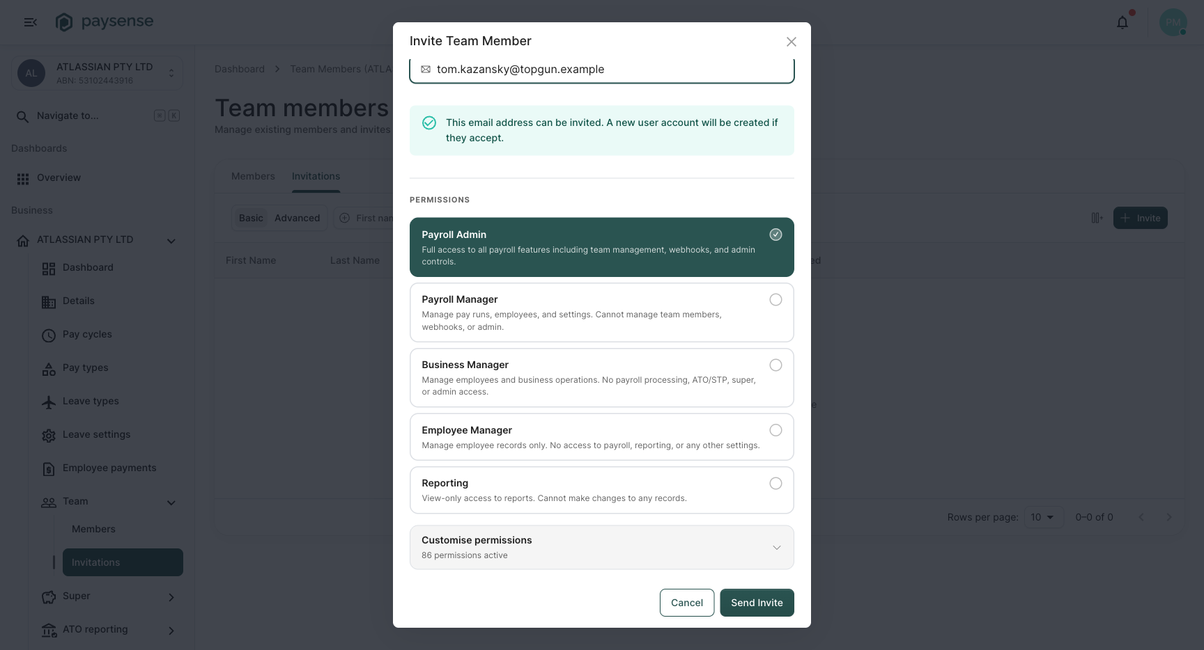 Invite dialog with Tom Kazansky details filled in and the success callout confirming the email can be invited