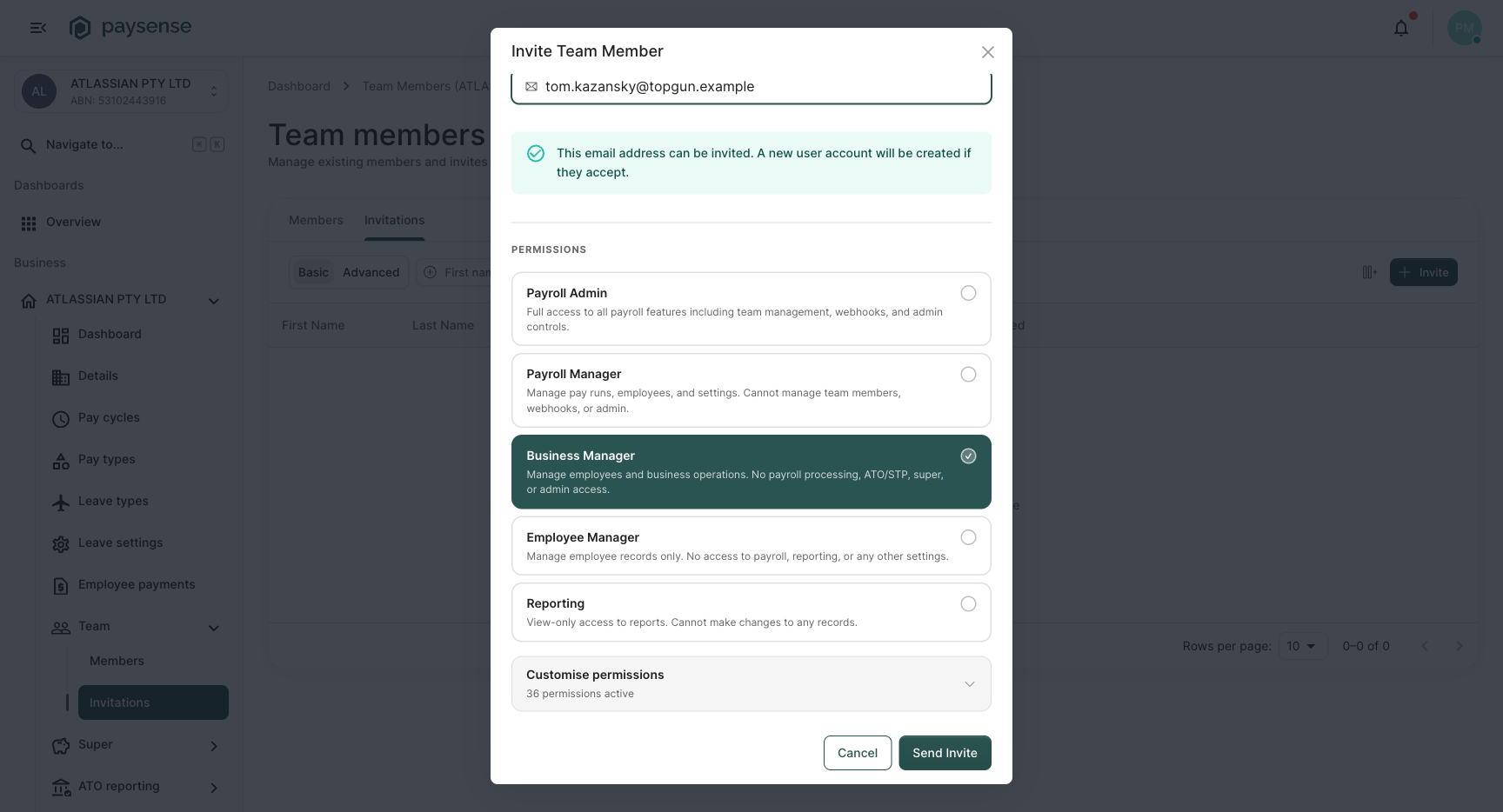Invite dialog with Business Manager preset selected, accordion shows the reduced permission count