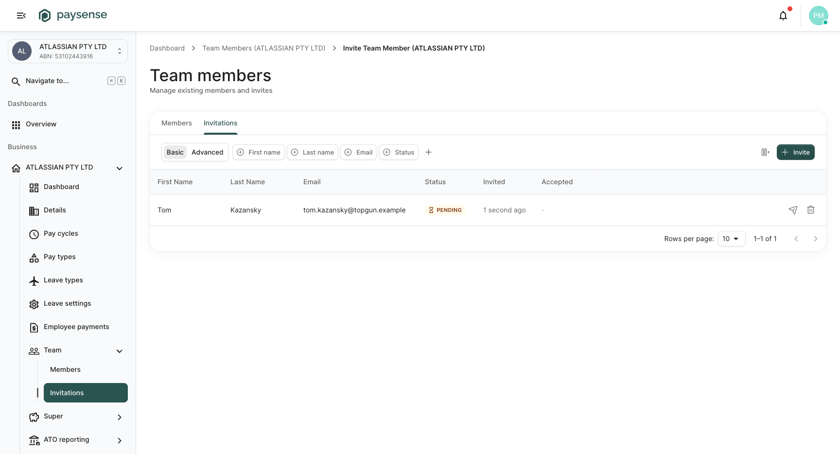 Invitations table now showing a Pending row for Tom Kazansky with relative invited time