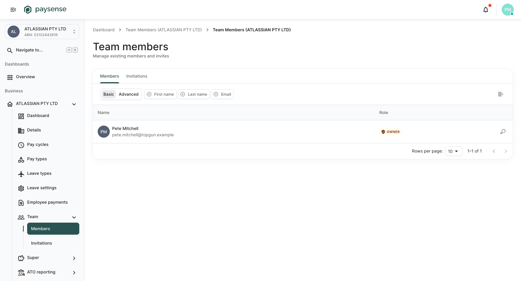 Team Members list with the Owner row and a Manage permissions action button