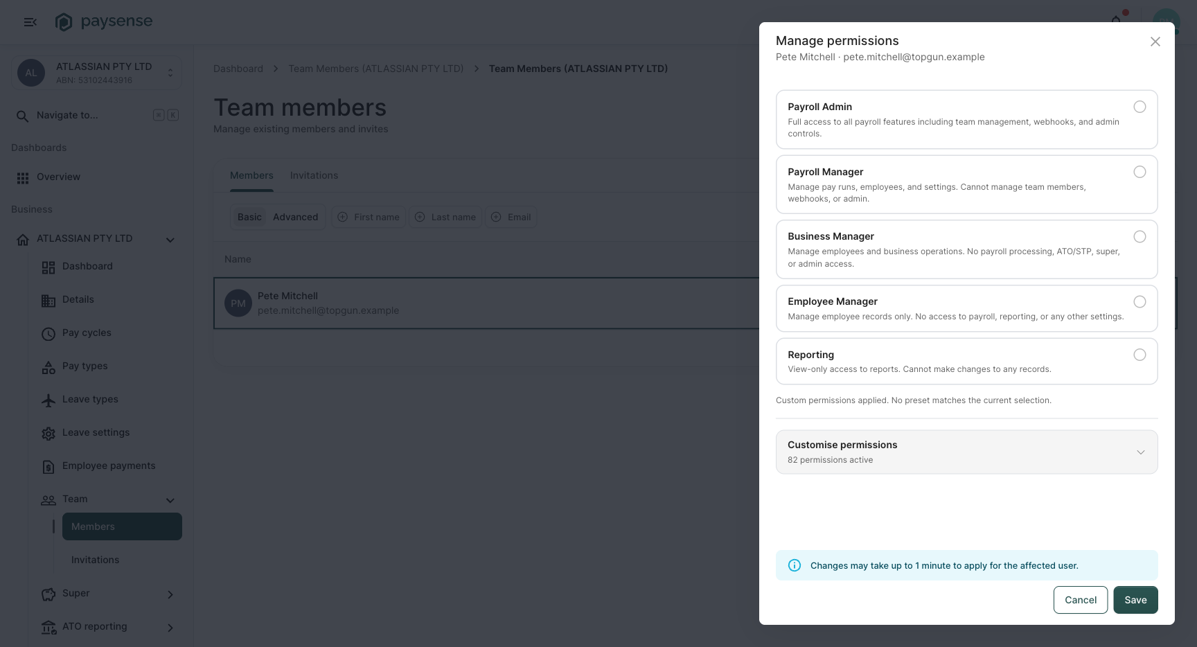 Manage permissions drawer showing the five role preset cards