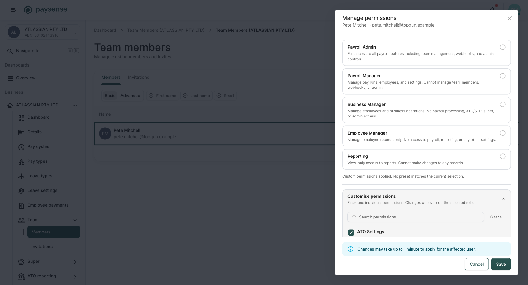 Customise permissions accordion expanded, showing scope groups with checkboxes and action chips