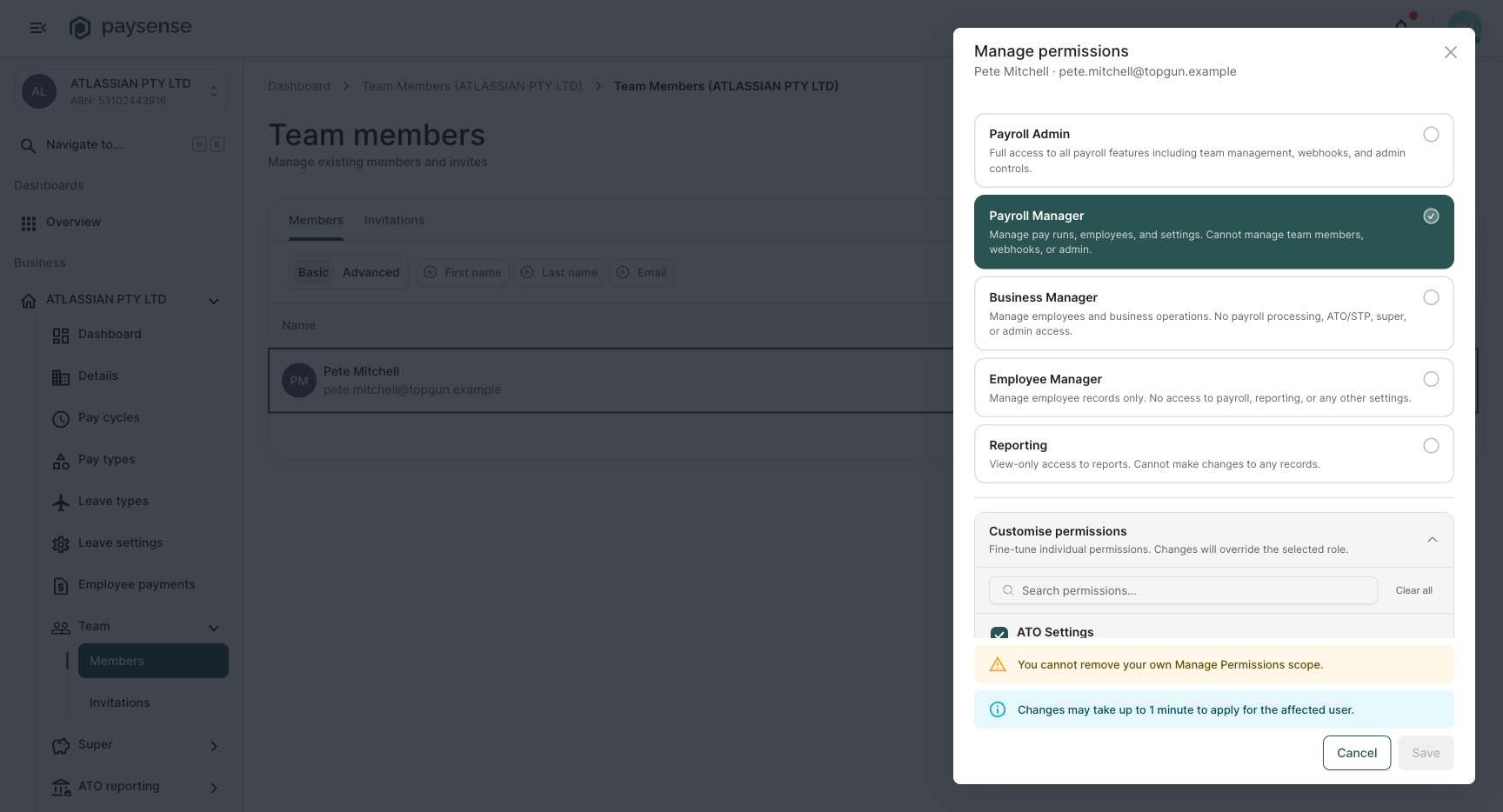 Payroll Manager role preset selected with the check mark visible