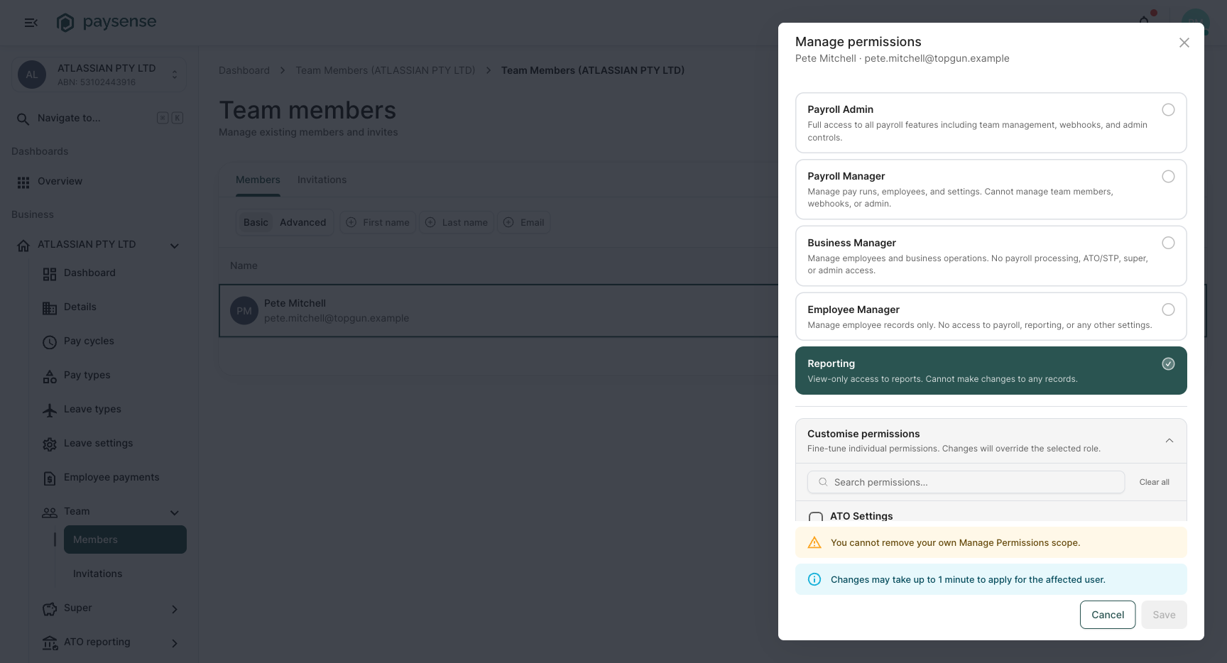 Reporting role preset selected, accordion shows a small number of active permissions