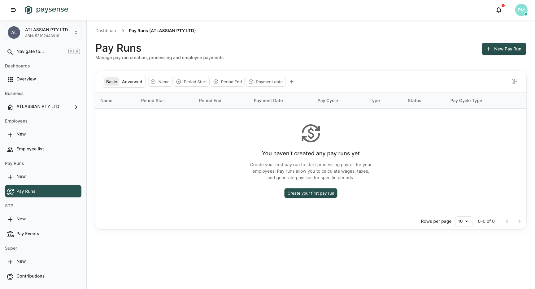 Pay Runs list empty state with a primary New Pay Run button