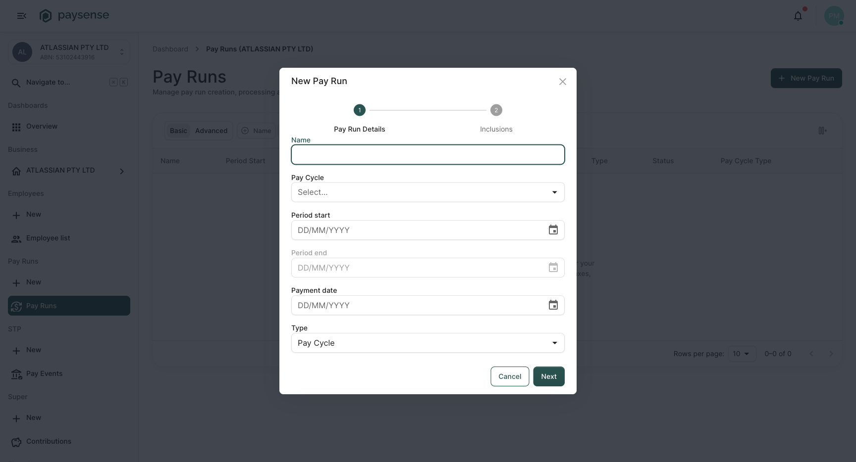 New Pay Run wizard step 1 with empty Name, Pay Cycle, dates and Type fields