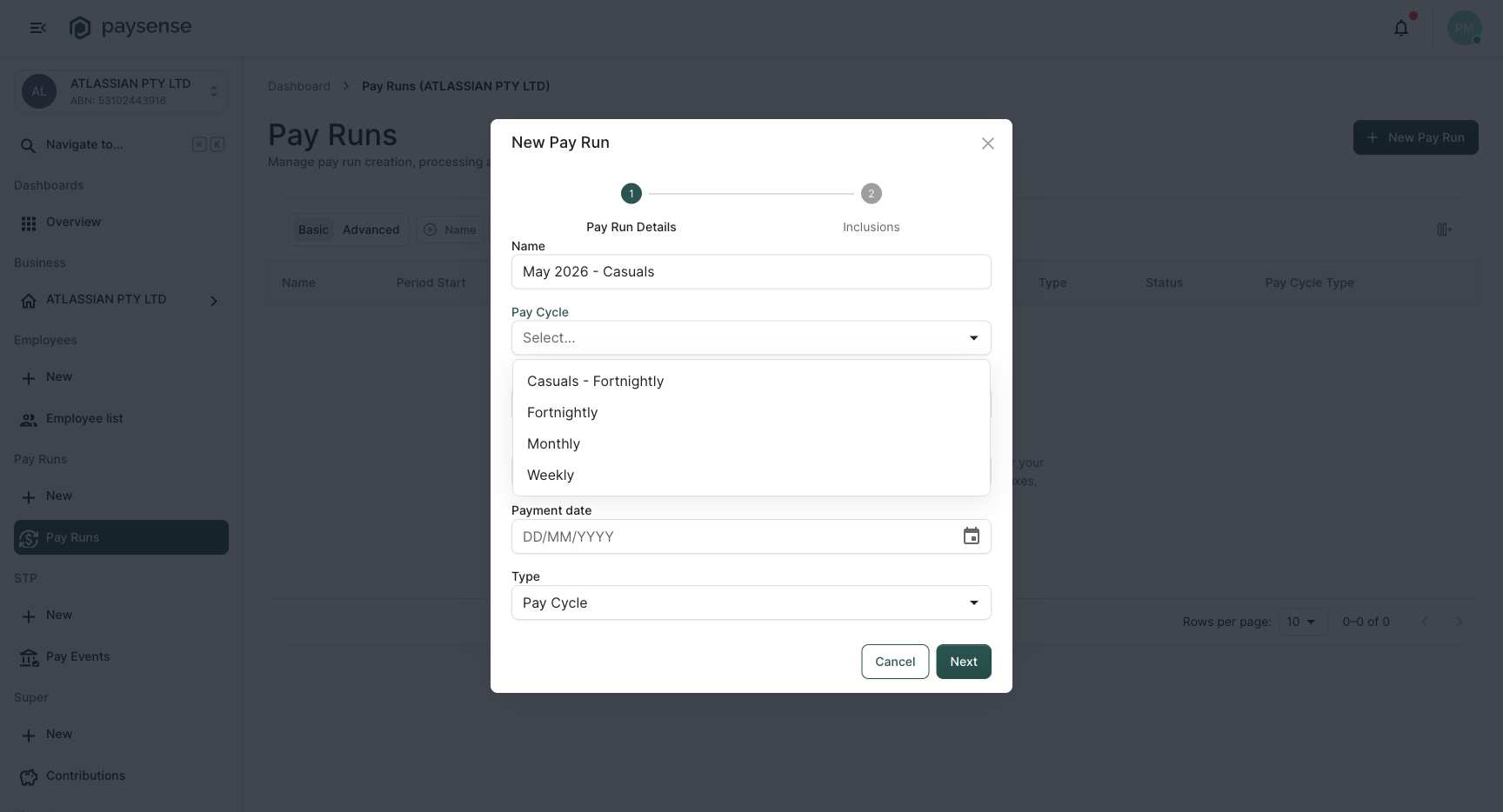 Pay Cycle dropdown showing Casuals - Fortnightly, Fortnightly, Monthly, and Weekly