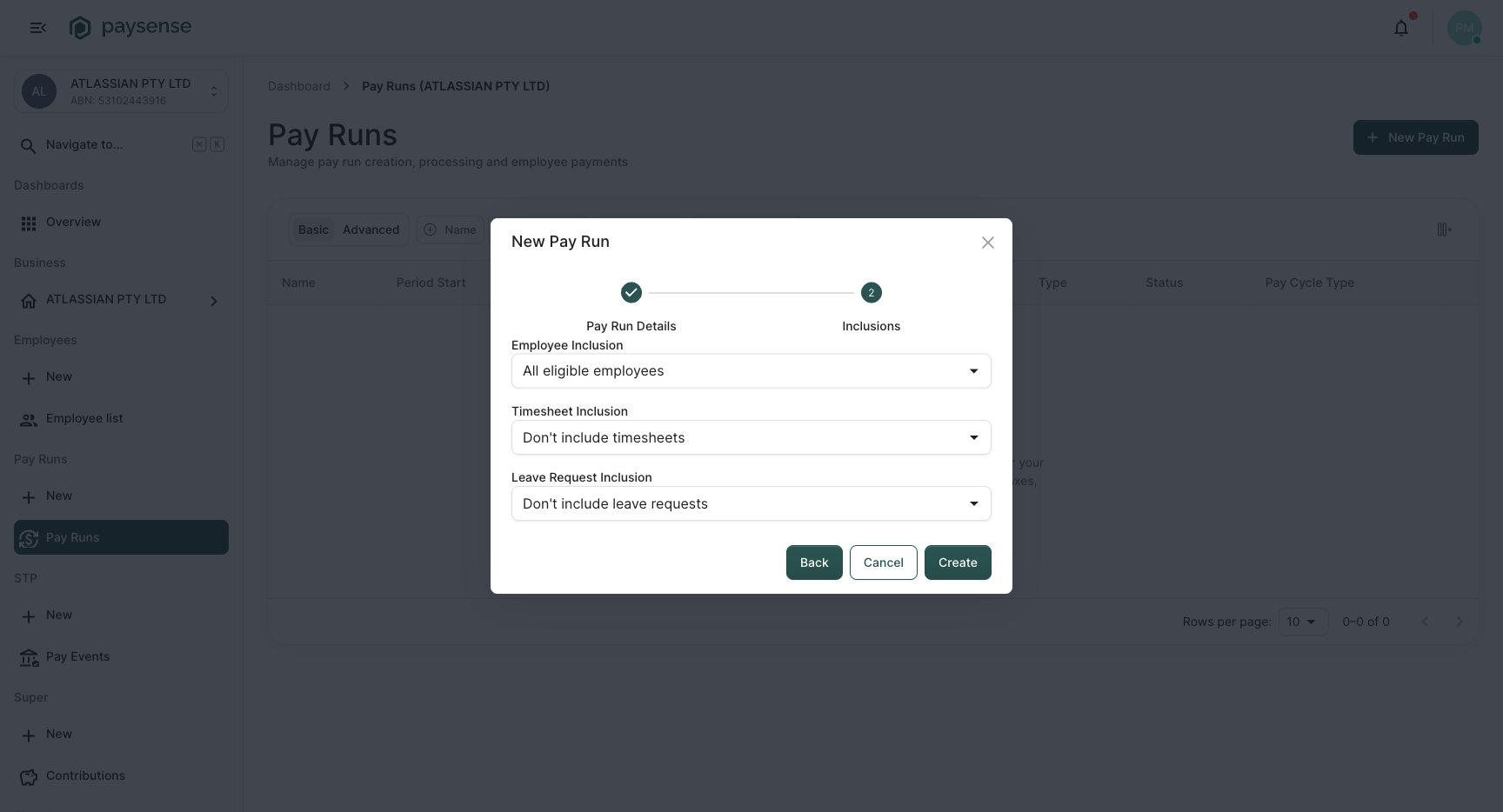 New Pay Run wizard step 2 with Employee, Timesheet, and Leave inclusion dropdowns