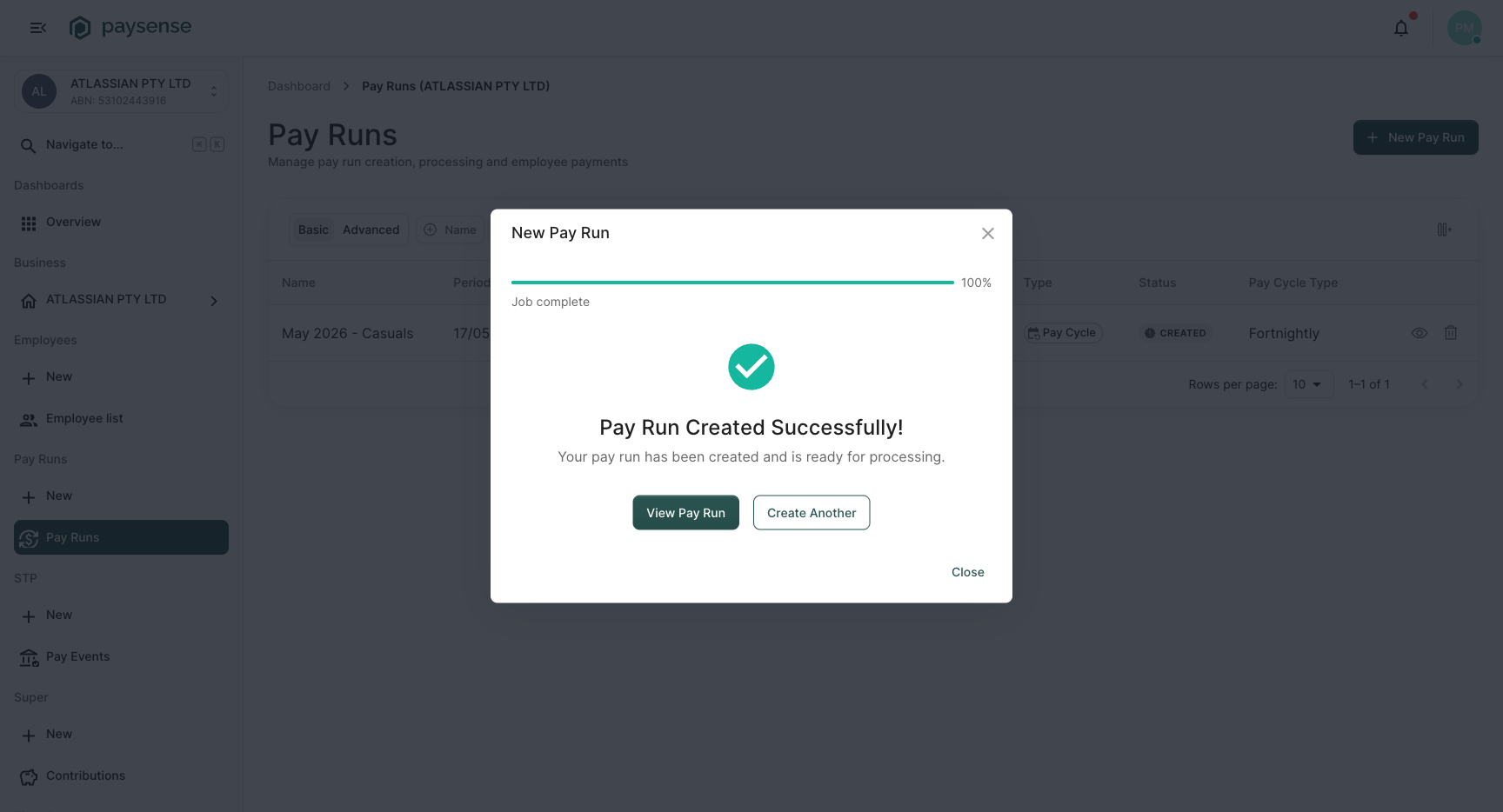 Pay Run Created Successfully screen with View Pay Run and Create Another buttons