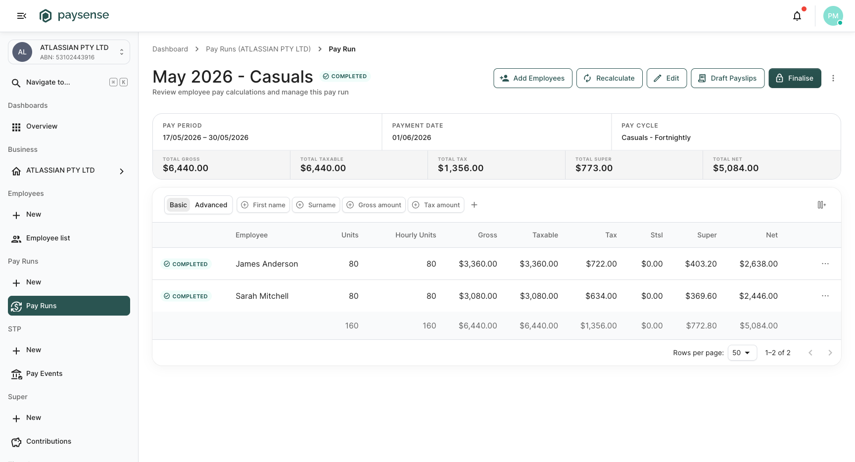 Pay Run details page showing summary cards, James Anderson row with gross/tax/super/net columns, and the Finalise action in the toolbar