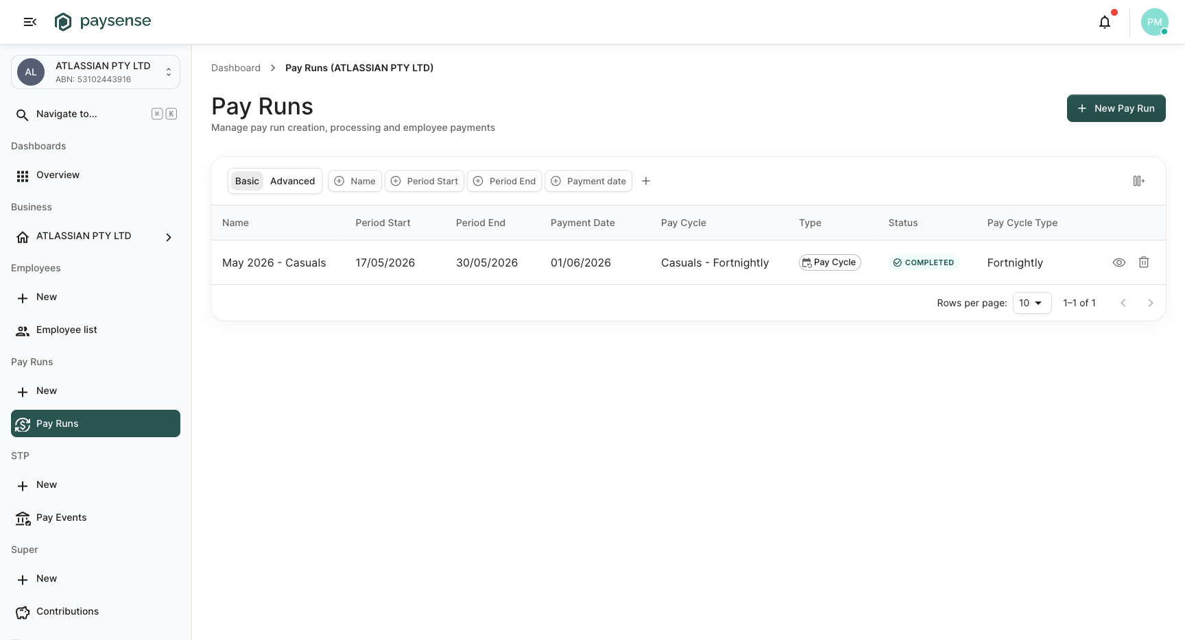 Pay Runs list showing the May 2026 - Casuals run with Completed status