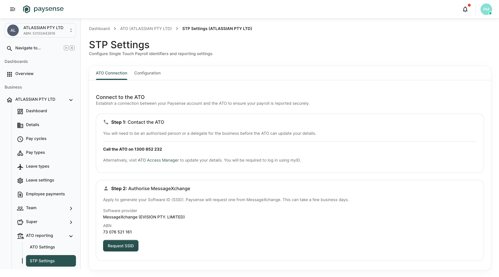STP Settings page with Step 1: Contact the ATO and Step 2: Authorise MessageXchange in the initial None state