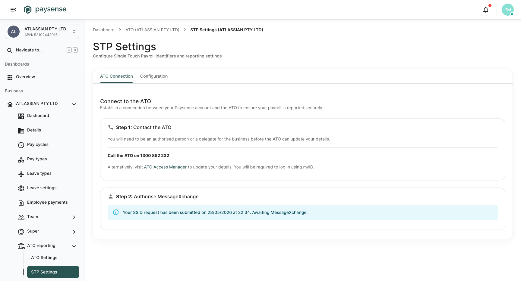 Step 2 card showing the Your SSID request has been submitted on 28/05/2026 alert