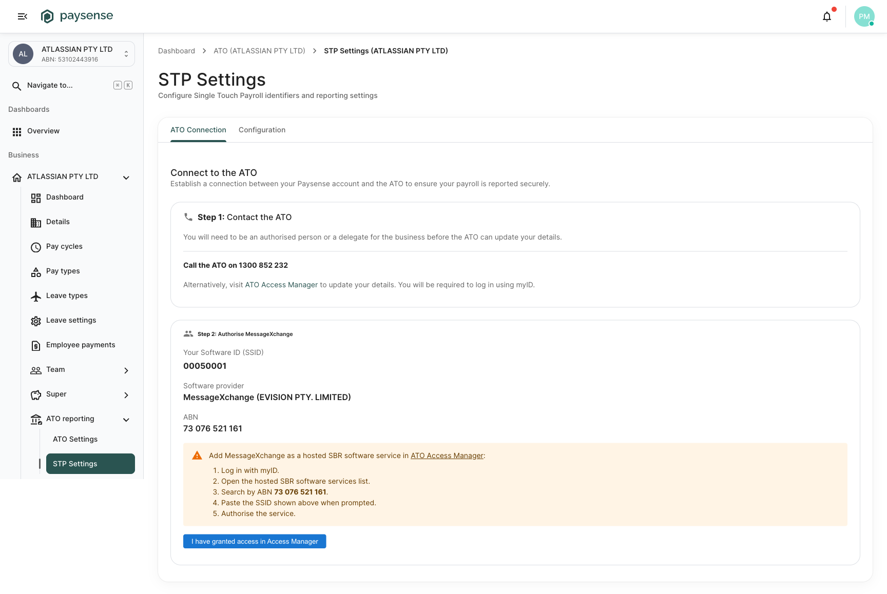 Step 2 showing the issued SSID, MessageXchange provider details, and the ATO Access Manager checklist with the I have granted access button