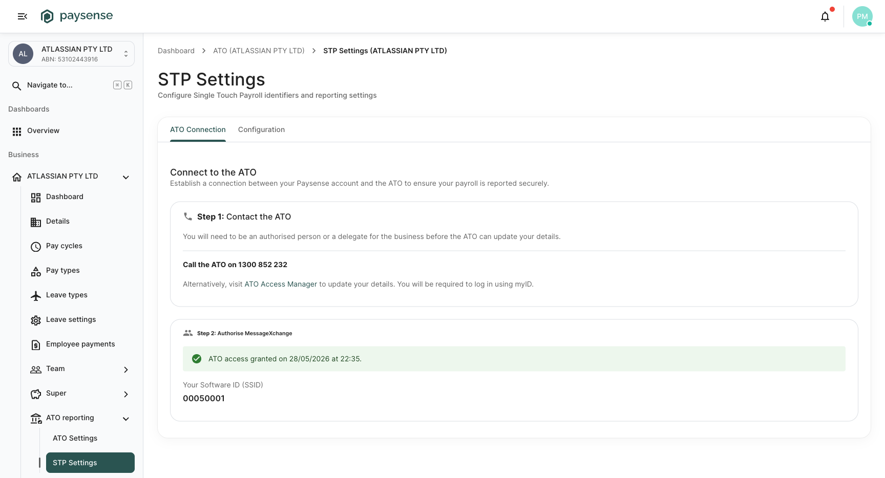 Step 2 with a green ATO access granted alert and the SSID displayed underneath